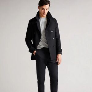 Black Rivet Black Wool Notched Lapel Pea Coat Jacket
